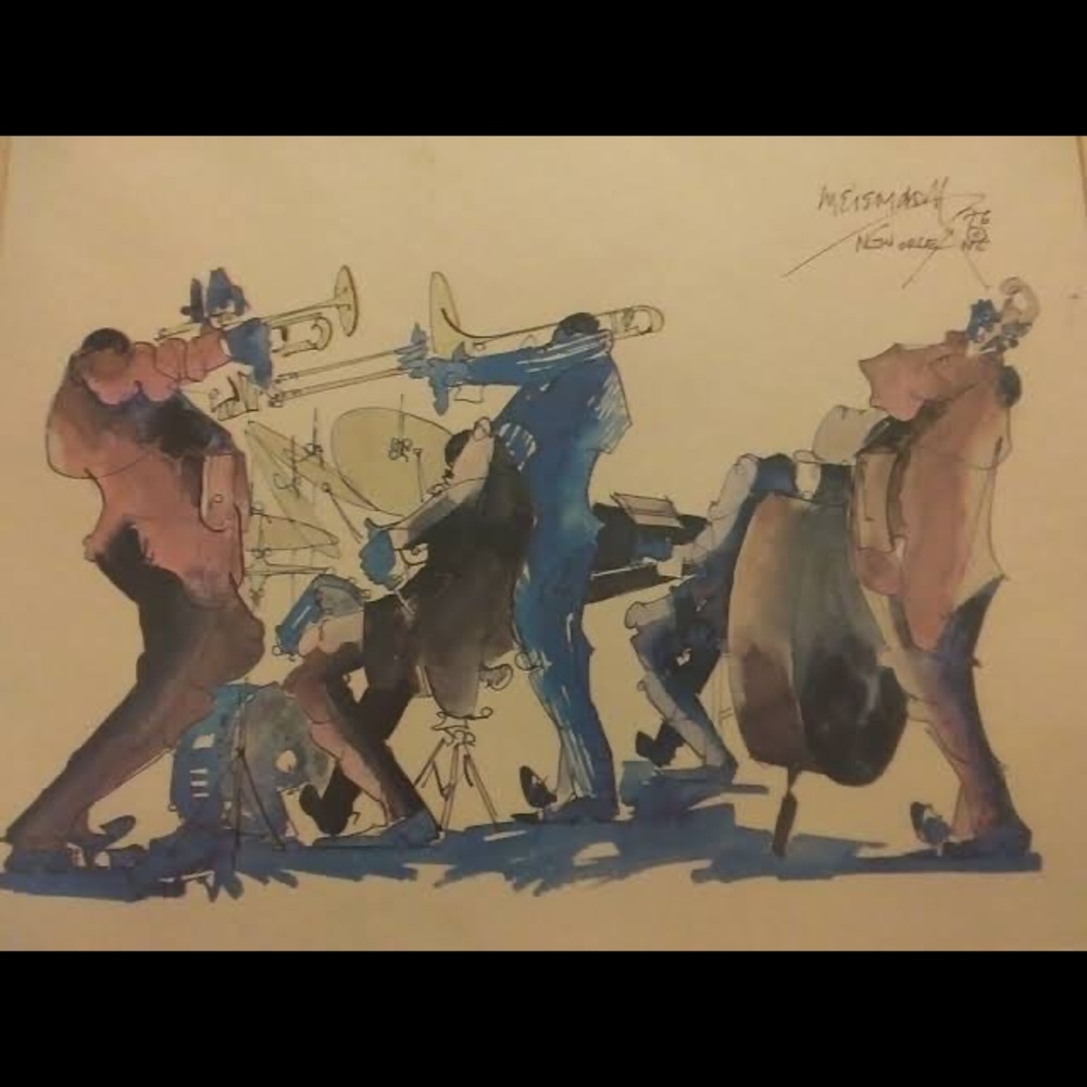 Leo Meiersdorff - Framed and Matted Watercolor New Orleans Jazz Print 1976.